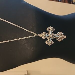Ornate Silver Filigree Cross w Turquoise & Silver Beads on 24" Silver Chain MIB